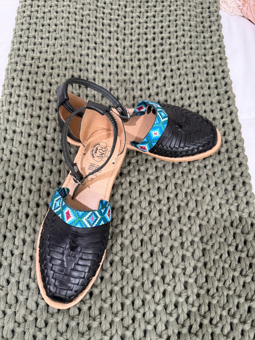Black Woven Leather Ankle-Strap Flats with Turquoise Embroidered Accent From MEX